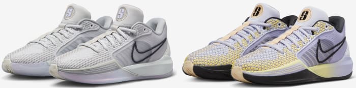 Side view of two pairs of Sabrina Ionescu's Nike basketball shoes.